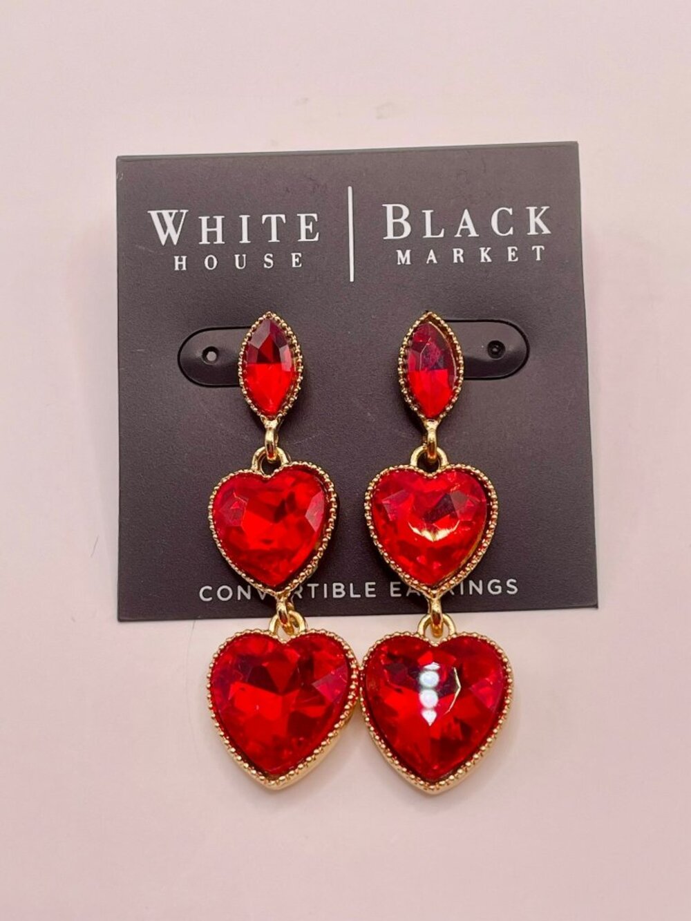 New White House Black Market Red Gold-Tone Heart Statement Earrings -84B